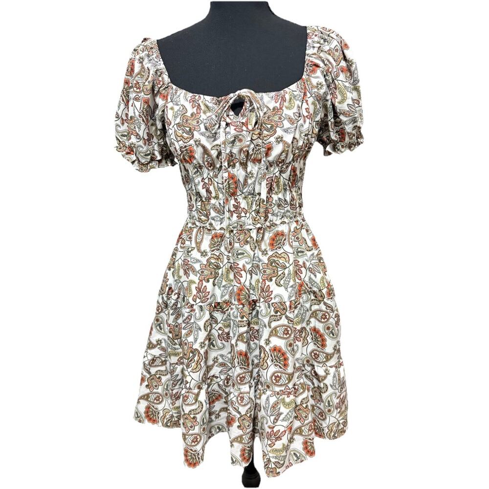 Hesperus Paisley Mini Dress Womens M Puff Sleeve Square Neck Smocked Boho